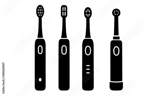 Set of electric toothbrushes silhouette icons. Vector illustration collection of oral hygiene and dental care devices for teeth cleaning. Minimal black and white design concept.