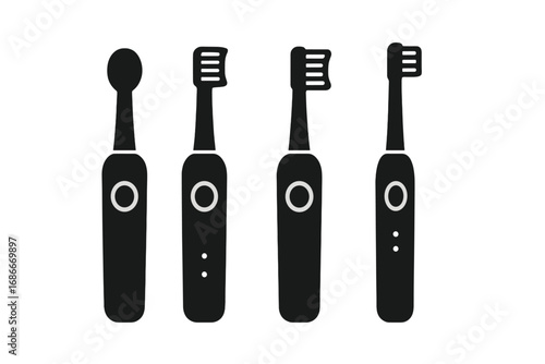 Electric toothbrush vector icon set. Minimalist black silhouette collection. Modern dental care tools for oral hygiene, teeth cleaning, and morning routine. Health concept.
