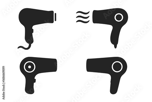 Hair dryer icon set vector collection. Minimalist silhouette of blow-dryer appliance. Hairdryer pictogram symbol for hairdressing salon or beauty concept. Black graphic element.