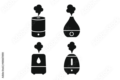 Humidifier icon set glyph collection. Aroma diffuser and air purifier symbols. Essential oil vaporizer with steam silhouette. Wellness and relaxation home appliance vector graphic.