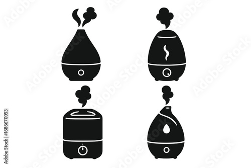 Humidifier icon set. Aroma diffuser silhouette. Air moisturizer, purifier glyph. Steam, vapor, home appliance. Vector wellness, aromatherapy, healthy climate, fresh air concept.