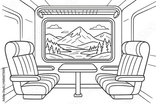 Train compartment interior with seats and table. Window view of a mountain, river, and forest landscape. Vector line art illustration for coloring book. Travel and journey concept.
