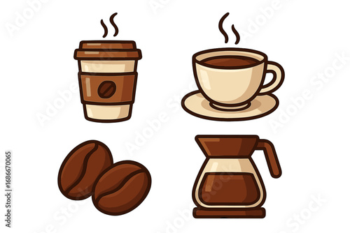 Coffee vector icon set, cartoon illustration. Includes takeaway paper cup, ceramic mug, glass pot, and roasted beans. Isolated hot beverage symbols for cafe menu or web.