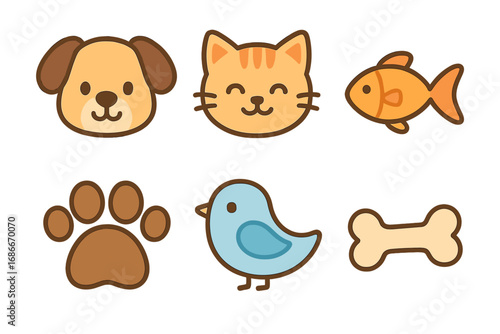 Cute pet icon set. Dog, cat, fish, bird, paw print, bone symbols. Kawaii cartoon animal collection. Flat vector illustration for pet shop, veterinary clinic, or logo design.