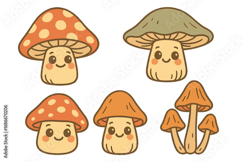 Cute cartoon mushroom vector set. Kawaii fungus characters with smiling faces in retro palette. Groovy autumn nature sticker pack. Forest toadstool isolated illustration.