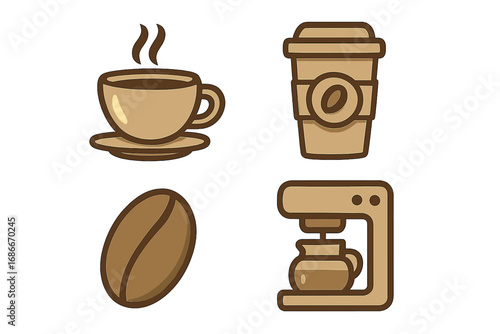 Coffee icon set vector cartoon illustration. Line art symbols for cafe menu, web, or apps. Includes coffee cup, to-go cup, bean, and drip coffee maker. Hot beverage concept.