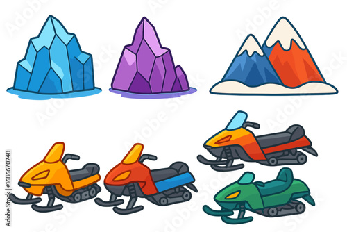 Snowmobile vector icon set. Cartoon winter sports transport collection. Colorful icebergs, snowy mountains, and snow machine graphics for adventure and recreation design elements.