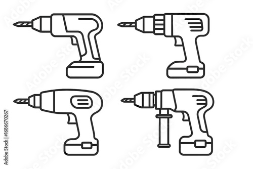 Set of linear drill icons. Diverse power tool designs for construction and repair. Vector illustration of cordless screwdrivers and hammer drills. Workshop equipment symbols.