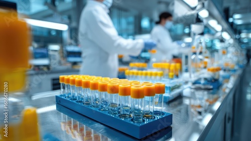 Rows of test tubes are neatly placed on the desktop in a science laboratory, and are being tested and observed through a laboratory equipment microscope.
