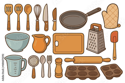 Kitchen utensils and tools collection. Cooking and baking essentials set. Vector cartoon illustration of kitchenware, cookware, pan, whisk, knife, spatula, and rolling pin.