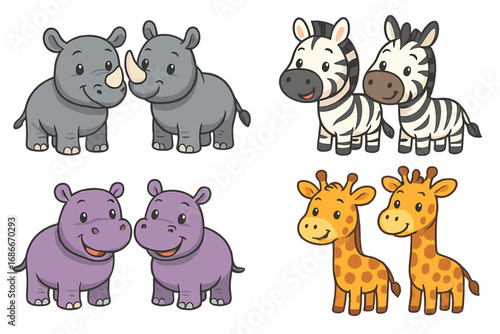 Cute cartoon animal pairs collection. Set of rhino, zebra, hippo, and giraffe couples. Vector illustration for kids, nursery decor, and baby shower. Funny safari zoo wildlife.
