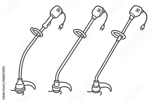 Set of electric grass trimmers in a linear outline style. Vector illustration for lawn care and gardening. Weed eater, string trimmer, strimmer equipment and tool icon.