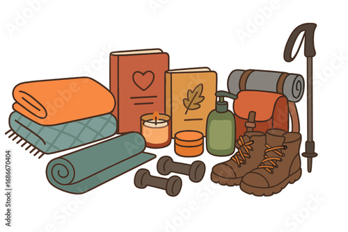 Self care and wellness icon set for mental and physical health. Cozy hygge essentials like blankets and books combined with outdoor hiking gear. Healthy lifestyle vector concept.