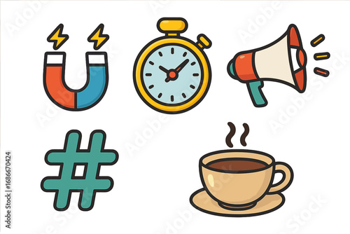 Business icon set for marketing and social media. Flat cartoon vector icons. Magnet for lead generation, stopwatch for deadlines, megaphone for promotion, hashtag and coffee cup.