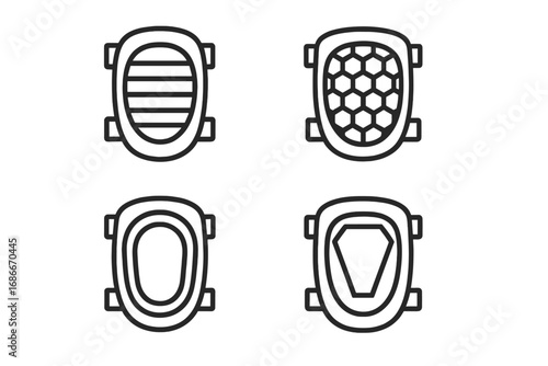 Set of linear knee pad icons with various geometric patterns and shapes, vector cartoon illustration, transparent background, ordered collection of protective gear designs