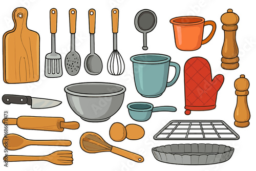 Kitchen utensils vector set for cooking and baking. Cookware equipment collection with knife, bowl, whisk, rolling pin. Cartoon food preparation icons. Hand drawn doodle clipart.