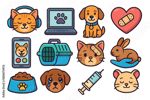 Pet care icon set. Cute cartoon animal collection. Veterinary clinic, technology, adoption concept. Vector dog, cat, rabbit showing emotions, love, sadness, happiness. Flat design.