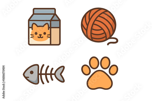 Cat icon collection. Cute cartoon pet element set. Milk carton, yarn ball, fish skeleton, and paw print. Pet shop, vet, or animal care concept. Flat vector illustration.