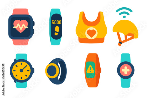 Wearable technology flat icon set. Smartwatch with heartbeat monitor, fitness tracker with step counter, safety helmet. Vector illustration of smart sport devices and gadgets.