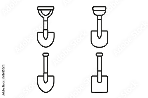 Set of Linear Shovel Icons with Outline Design for Gardening, Construction, Landscaping Tools, Digging Equipment, Vector Cartoon Illustration with Transparent Background, Ordered Set