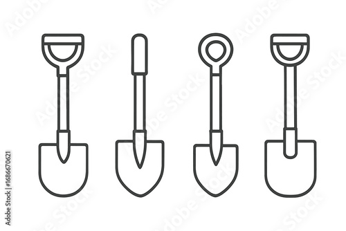 Set of Linear Shovel Icons with Outline Design for Gardening and Construction Tools, Vector Cartoon Illustration with Transparent Background, Gardening Equipment Collection