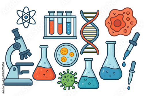 Science lab icon set for biology and chemistry research. Vector collection of laboratory equipment: microscope, DNA, virus, cell, test tube. Medical experiment analysis concept.