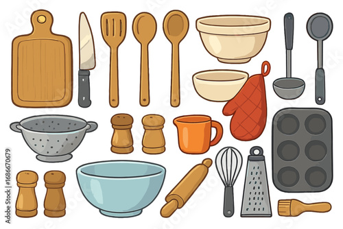 Kitchen utensils vector set for cooking and baking. Cartoon illustration collection of cookware icons like rolling pin, whisk, mixing bowl, spatula, and cutting board.