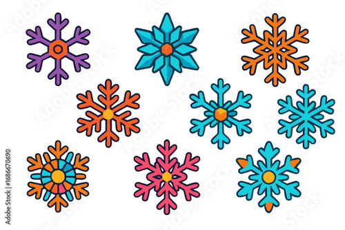 Colorful geometric snowflake icon set for winter design. Vector cartoon illustration of frosty weather symbols. Decorative Christmas holiday element collection for graphic projects.