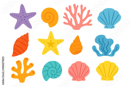 Sea life collection of cute cartoon icons. Vector set of underwater ocean elements like starfish, seashell, coral, and algae. Flat design marine life for summer and beach themes.