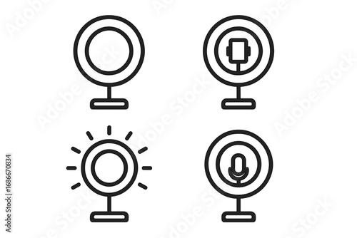 Minimalist ring light icons set for photography and streaming, vector cartoon illustration with transparent background, ordered design, studio lighting and recording equipment symbols