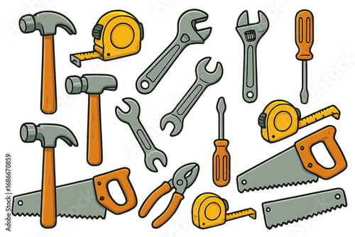 Vector cartoon set of construction tools for home improvement and repair. Do it yourself DIY work kit with hammer, saw, wrench, screwdriver, tape measure. Workshop icons.