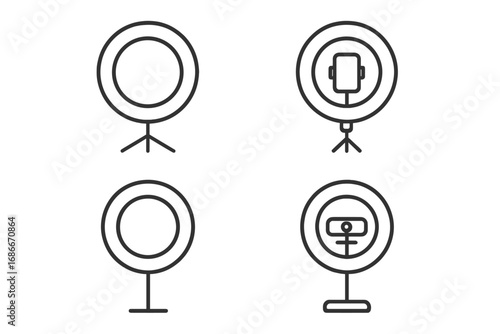 Minimalist ring light icon set for photography and streaming, vector cartoon illustration with transparent background, ordered collection of professional lighting equipment symbols