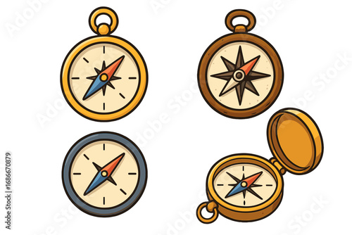 Set of various compass designs for navigation, travel, and exploration. Vector cartoon illustration of magnetic direction finders. Adventure, discovery and orientation concept.