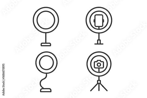 Minimalist ring light icon set for photography and streaming, vector cartoon illustration with transparent background, includes tripod, phone, and camera holder designs