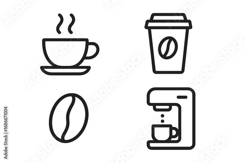 Coffee line icon set. Vector symbols for cafe menu, web, ui ux design. Minimalist pictogram collection includes coffee cup, mug, machine, bean, and to-go paper cup.
