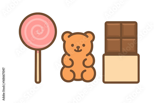 Cute minimalist candy collection. Vector cartoon illustration of lollipop, gummy bear, and chocolate bar. Sweet food icon set. Dessert snack graphic element for design.