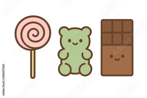 Cute candy collection. Lollipop, gummy bear, and chocolate bar characters. Kawaii minimalist cartoon illustration set. Sweet food dessert vector icons. Flat design elements.