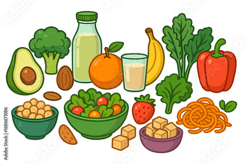 Healthy plant based vegan food set. Colorful vector cartoon collection of fresh organic fruit and vegetables. Nutrition concept for healthy lifestyle, diet and clean eating.