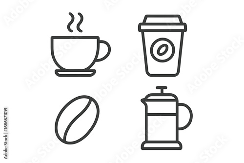 Coffee icon set thin line style. Vector collection for cafe menu. Includes hot drink cup, takeaway mug, roasted bean, french press. Simple outline pictogram for web and mobile app.