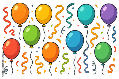 Colorful cartoon balloons and confetti set. Vector illustration for a birthday party or celebration. Festive design elements with ribbons and streamers for holiday event decoration.