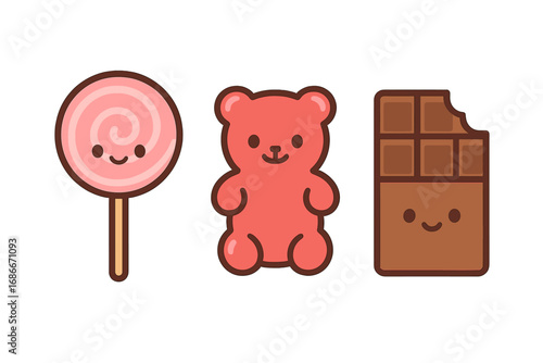 Cute candy characters set. Kawaii lollipop, chocolate bar, and gummy bear mascots. Minimalist vector illustration collection for kids. Sweet food, dessert, and snack icons.