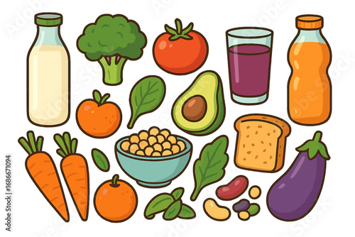 Healthy eating plant-based food set. Vegan and vegetarian diet concept with fresh organic vegetables, fruits and drinks. Colorful vector cartoon grocery collection illustration.