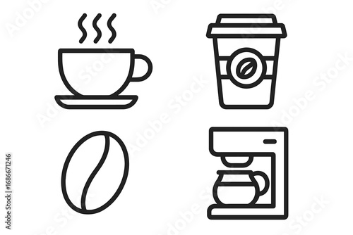 Coffee line icon set. Vector collection. Coffee cup, paper to go cup, coffee bean, coffee maker machine. Hot drink, caffeine, cafe, barista. Modern outline style pictogram.