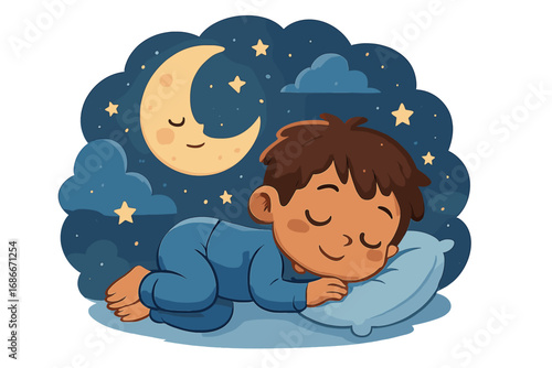 Cute cartoon child sleeping on a pillow under a dreamy night sky with a smiling crescent moon and stars. Peaceful boy in pajamas dreaming. Bedtime vector illustration for kids.