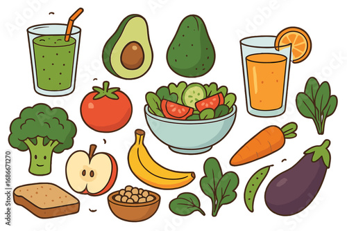 Set of cute cartoon plant-based foods. Healthy eating concept. Vegan vector illustration with fruits, vegetables, smoothie, and salad for nutrition and diet themes. Isolated icons.