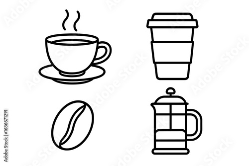 Coffee outline line icon set. Vector collection for graphic design, web, apps. Includes hot drink cup, takeaway paper cup, coffee bean, french press. Cafe, barista symbol.