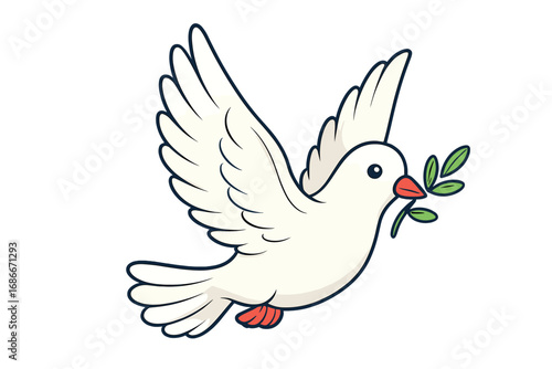 White dove of peace flying with an olive branch. Vector cartoon illustration. A symbol of hope, love, freedom, purity, and faith. Holy spirit bird concept for Christianity.