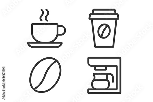 Coffee icon set. Simple outline symbols for web and graphic design. Vector collection of linear signs: hot cup, takeaway mug, coffee bean, and coffee maker machine illustration.