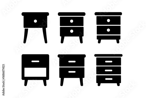 Set of six black silhouette nightstand icons in minimalist style, vector cartoon illustration with transparent background, bedside tables with drawers, modern furniture collection