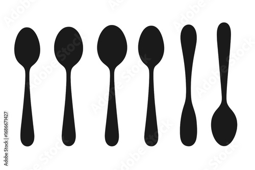 Set of six black spoon silhouettes on white background, vector cartoon illustration with transparent background, ordered kitchen utensils collection for cooking and dining design